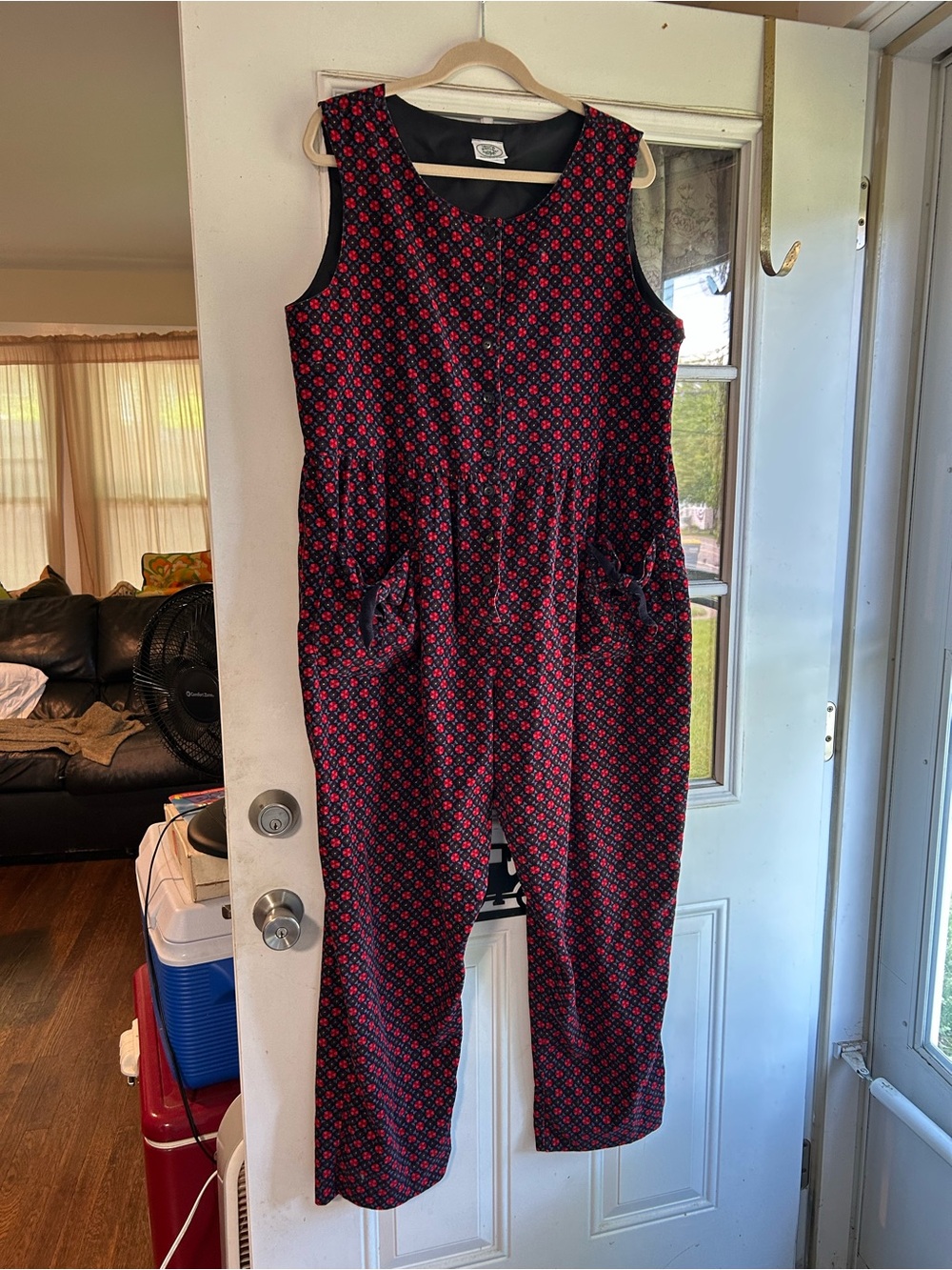 Vintage Laura Ashley 1980s red and blue corduroy romper size XL, w 42”, l 29”